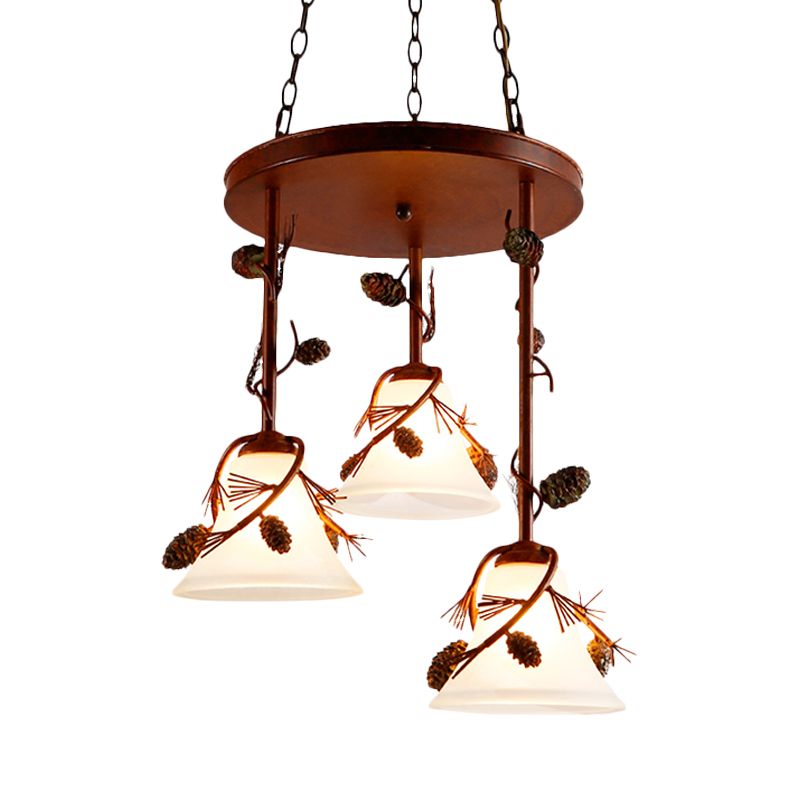 Bell Metal Chandelier Light Country 3 Lights Dining Room Pendant Lighting in Red Brown