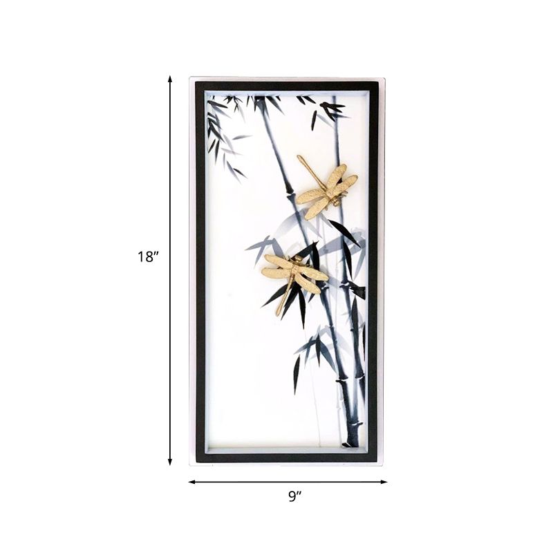 Bedroom LED Mural Lighting Chinese Black Wall Lamp with Dragonfly and Bamboo Print Fabric Shade