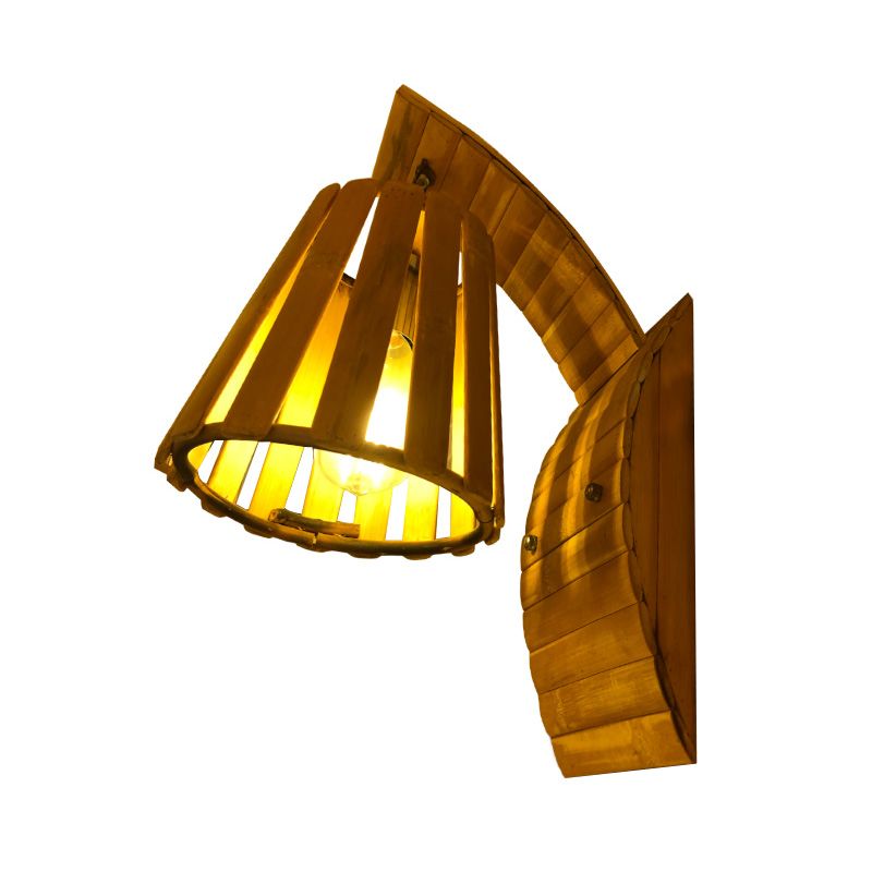 Asian Style Single Bulb Wall Mount Lighting Wood Trumpet Wall Sconce Lamp with Bamboo Shade