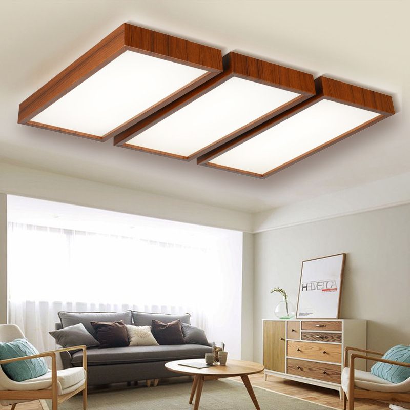 Lámpara de techo empotrada LED de estilo nórdico, accesorio de techo con borde de madera y sombra rectangular para oficina