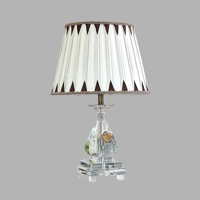 Lampe de table à bulbe unique Rural Plissée de tissu de nuit Lumière en blanc avec une base en cristal pour la chambre