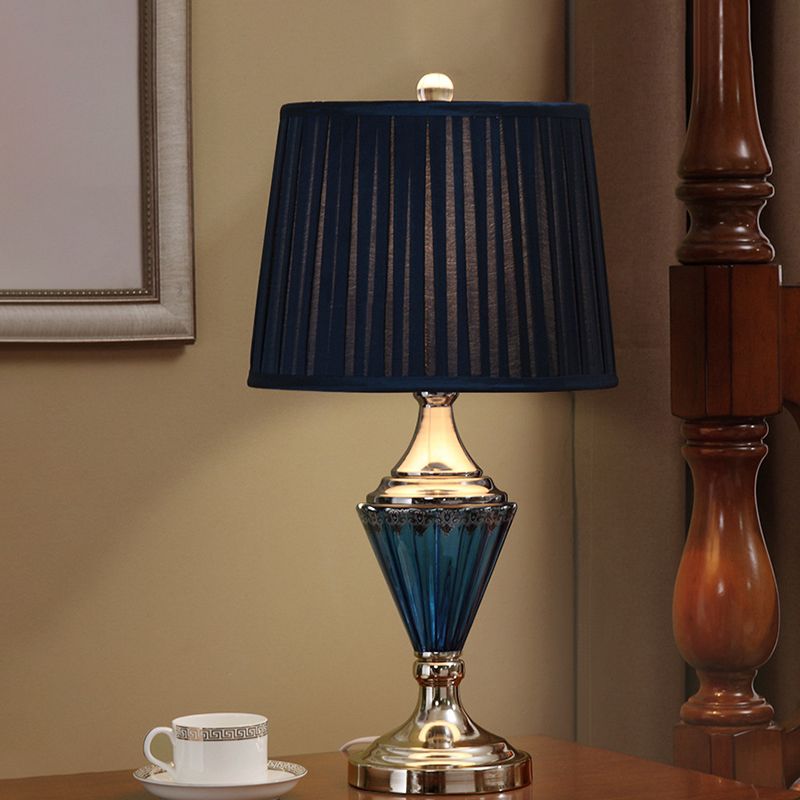 Blue Prismatic Glass Cone Night Light Vintage 1 Head Living Room Table Lamp with Pleated Shade in Black