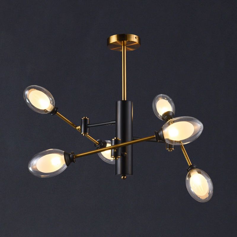 Dual Eggshell Clear Glass Deckenleichte postmoderne 6 Lampen Black-Bras-Halbflush-Kraut mit rotierenden Armdesign