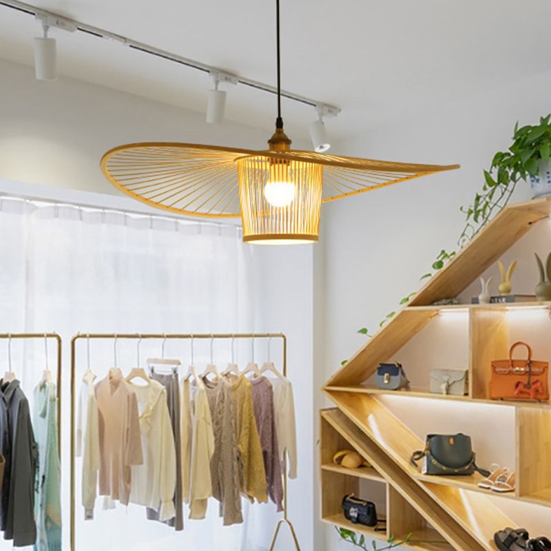 Fischermut -Hut geformte Holzbeleuchtung Bambus -Weben -Trommelschatten Einmals hängendes Licht für Esszimmer