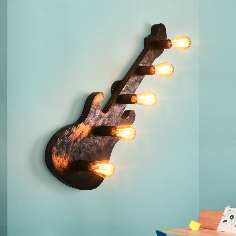 Vintage Bare Open Wall Sconce Light 5 Lights Metallic Wall Lighting in Rust with Guitar Backplate