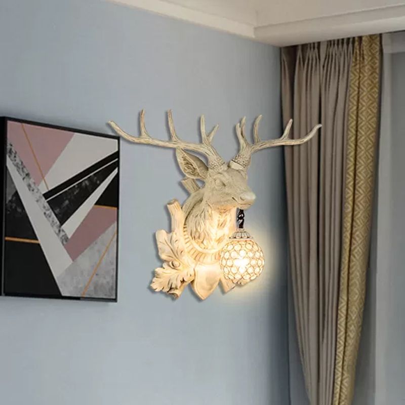 1 Light Wall Lamp Lighting Country Elk Resin Sconce Light Fixture in White/Bronze with Droplet Crystal Shade