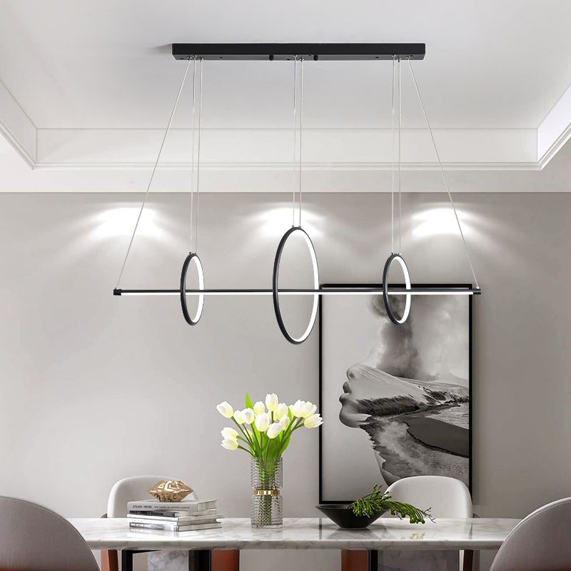 Modernist Line and Circle Hanging Light Metallic Restaurant LED Island Lighting in Black