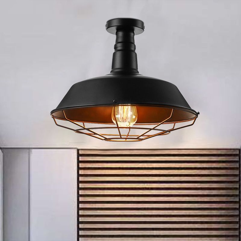 Black Cage Ceiling Light Vintage Style Metal 1 Head Indoor Semi Flush Mount Lighting with Barn Shade, 10"/14"/18" W