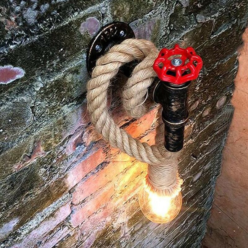 Industrial Faucet Wall Light Fixture 1-Light Hemp Rope Wall Mounted Lamp in Brown for Wine Bar