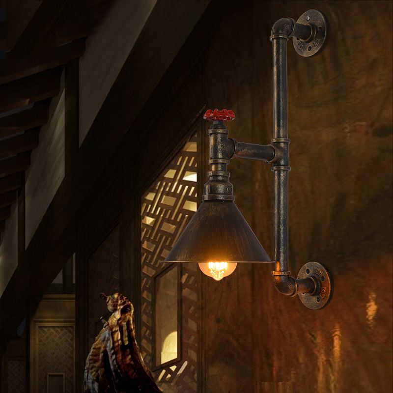 Industrial Plumbing Pipe Wall Mounted Lamp with Valve Decoration 1 Light Metal Wall Lighting in Rust/Antique Brass