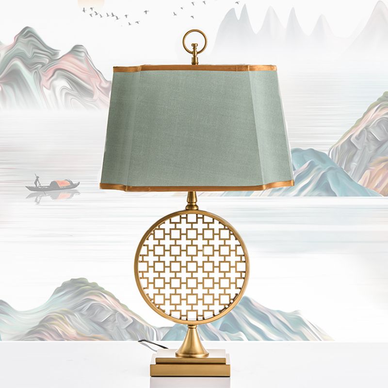 Chinese Style 1 Head Night Light Gold Drum Shape LED Desk Lamp with Green Fabric Shade