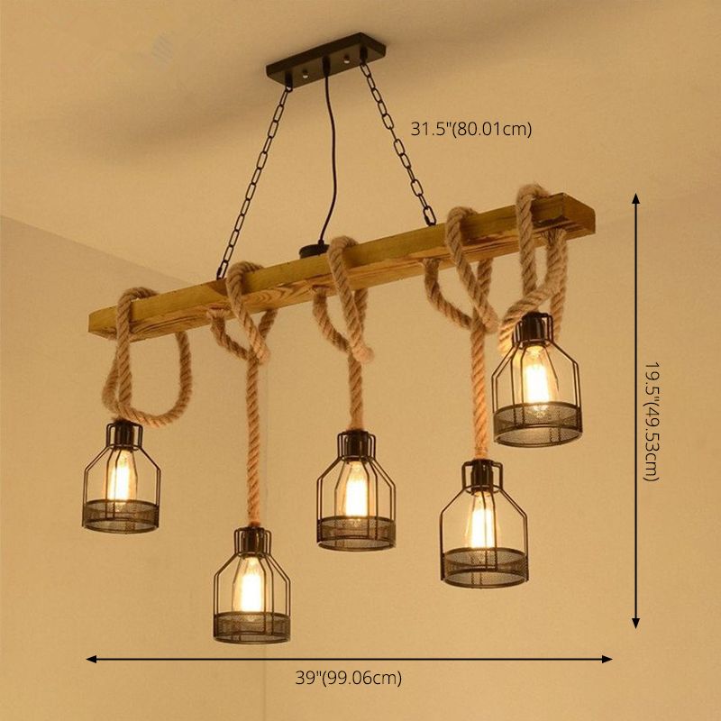5-Head Rope Pendant Lamp Industrial Beige Linear Restaurant Island Light with Cage