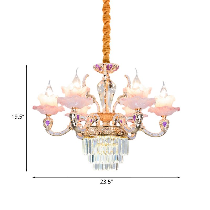 6 lichten 2-laags ruche kroonluchter hedendaagse roze glazen hanglamp met gelaagde kristalbodem