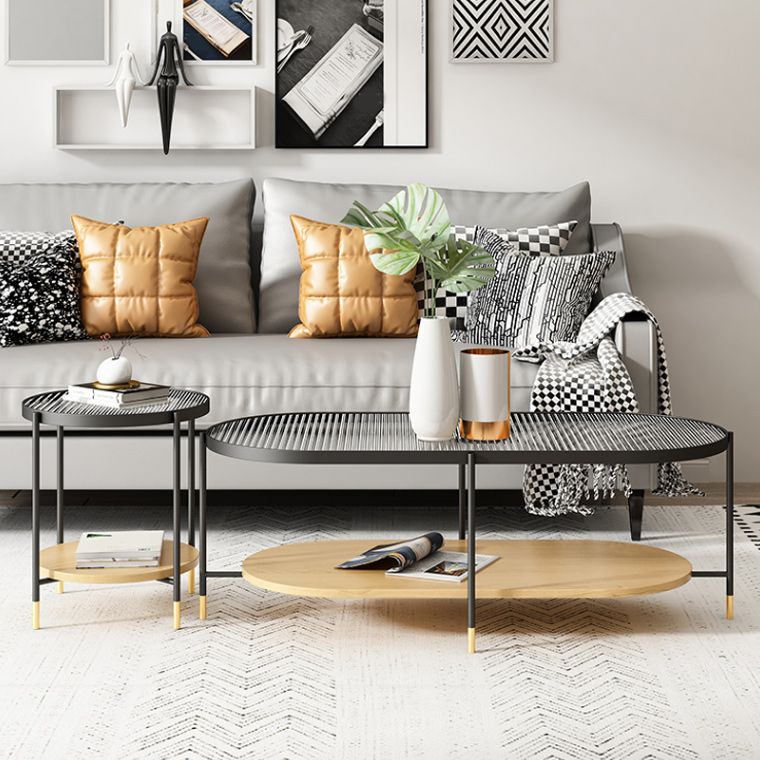 Modern 2 Piece Bunching Tables with Wooden Shelf and 4 Iron Legs