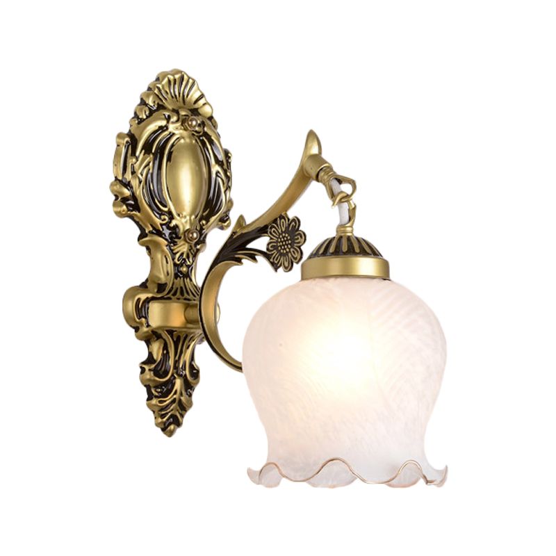 Antiqued Flower Wall Mount Lighting 1/2-Head Opal Glass Wall Lamp Fixture in Bronze for Bedroom