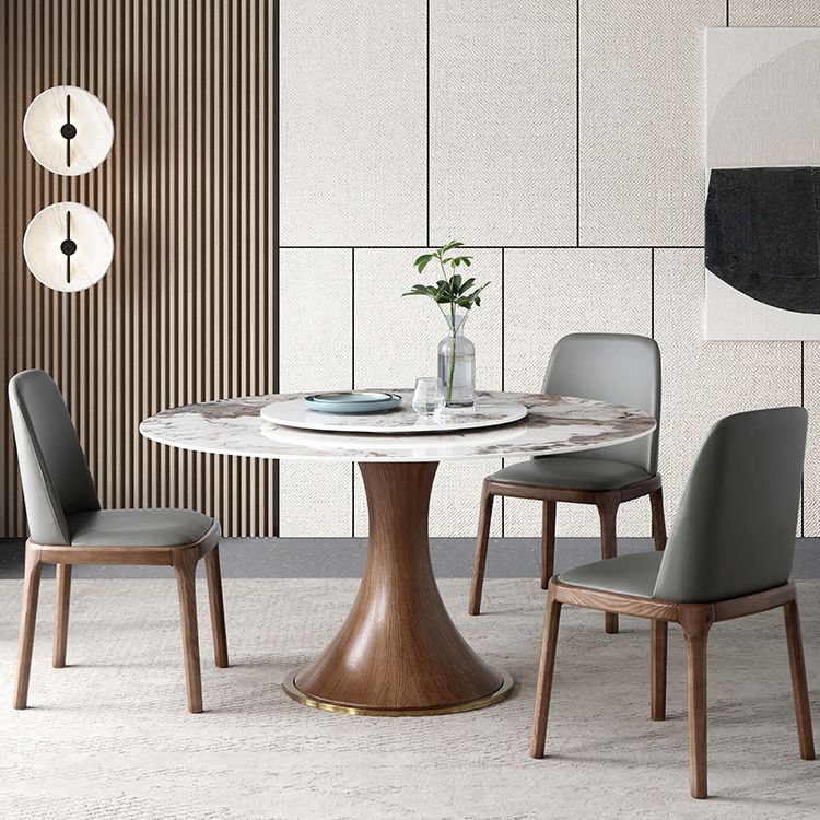 Modern Sintered Stone Dining Table Round Table with Wooden Pedestal for Restaurant