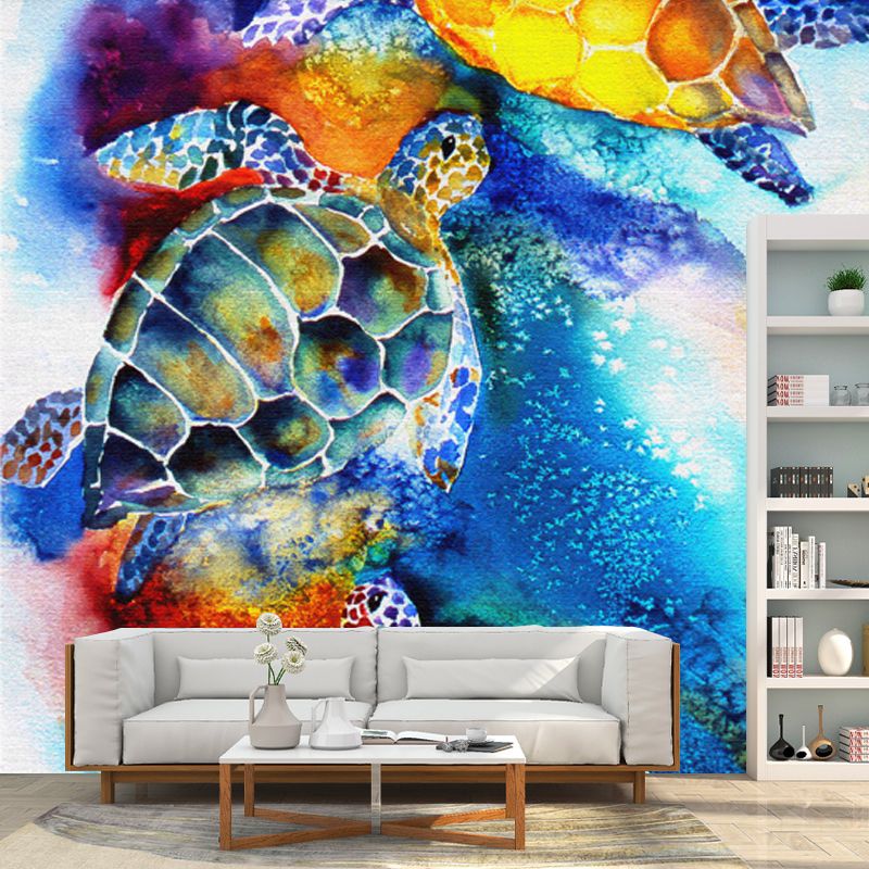 Abstract Drawing Turtle Mural Blue Water Resistant Wall Decoration for Living Room