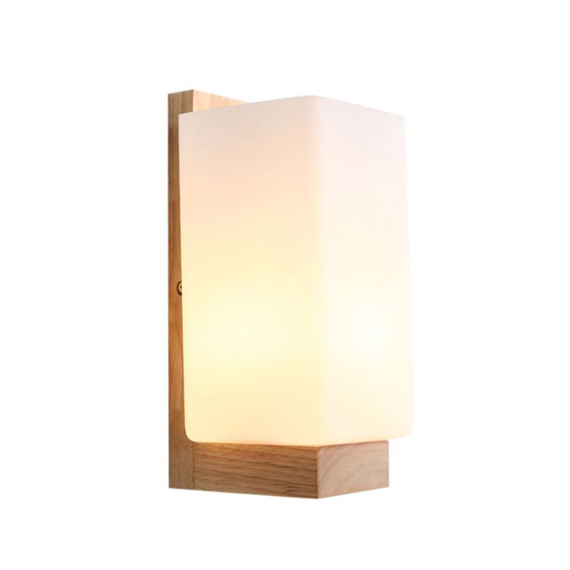 Modern Style Solid Wood Bedside Wall Sconce 1-Lights Rectangle White Frosted Glass Shade Wall Lamp