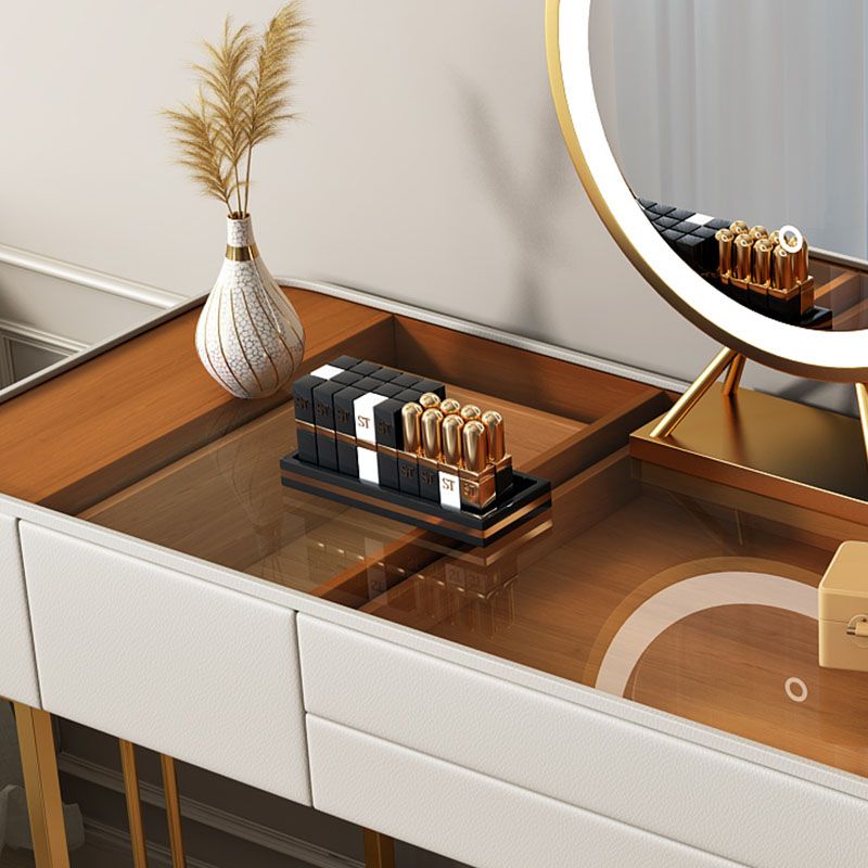 Contemporary Faux Leather Vanity Tables 4 Drawer Glass Top Makeup Vanity Desk