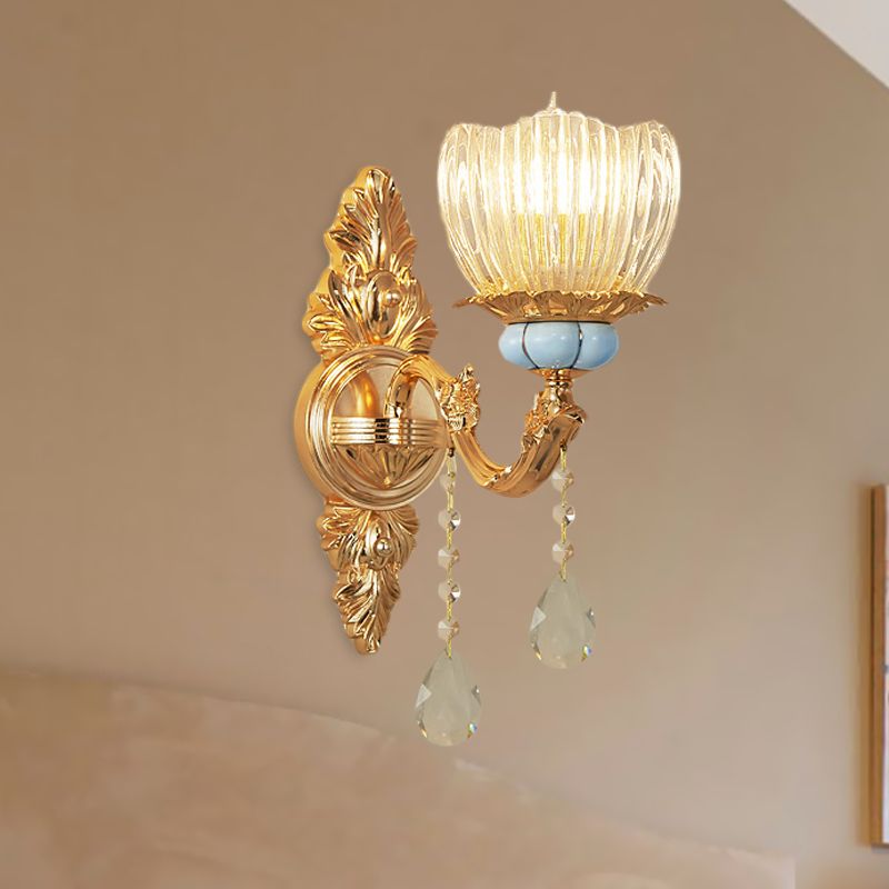 Single Ribbed Glass Wall Lamp Retro Gold Flower Bedroom Wall Mount Light Fixture