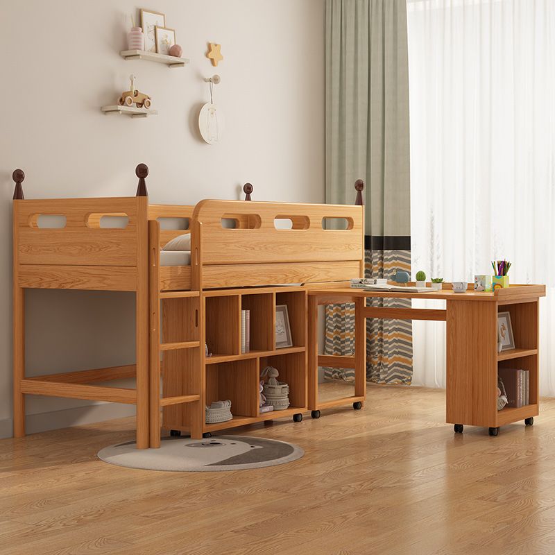 Contemporary Solid Wood Loft Bed Natural Kids Bed with Guardrail