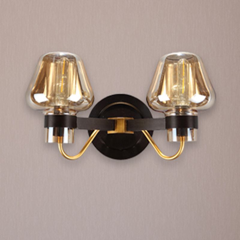 2-Light Mushroom Sconce Light Fixture Modern Black Amber Glass Wall Lamp for Living Room