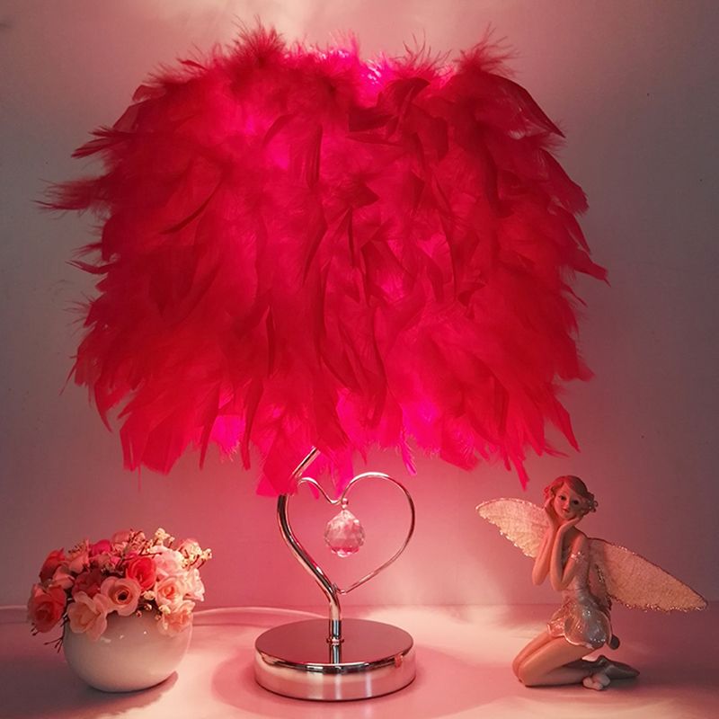 Modern Single Nightstand Lamp Red/White/Pink Bucket Shaped Table Light with Feather Shade and Crystal Drop