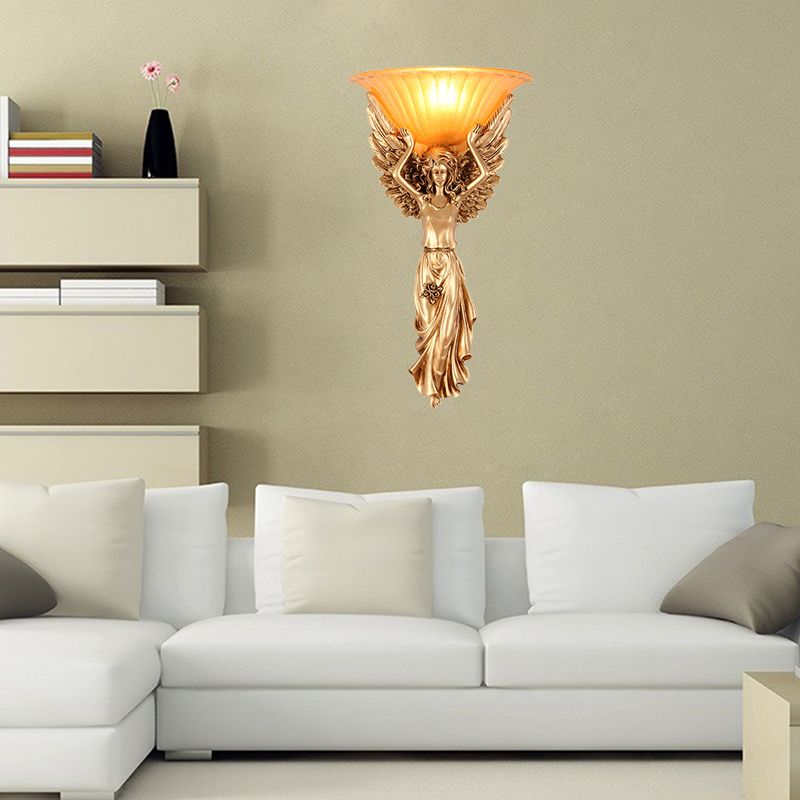 1 Light Wall Lamp Vintage Flared Ribbed Glass Sconce Light with Gold/White Angel Base
