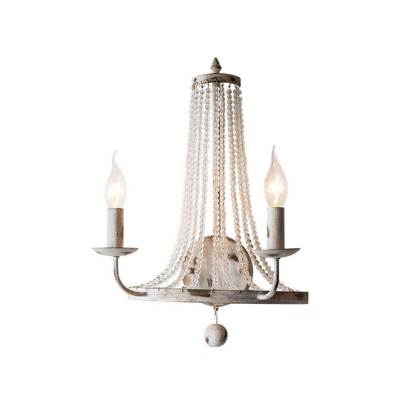 Basket Crystal Strand Wall Lighting Countryside 2-Light Bedroom Sconce Lamp in White with Candle Design