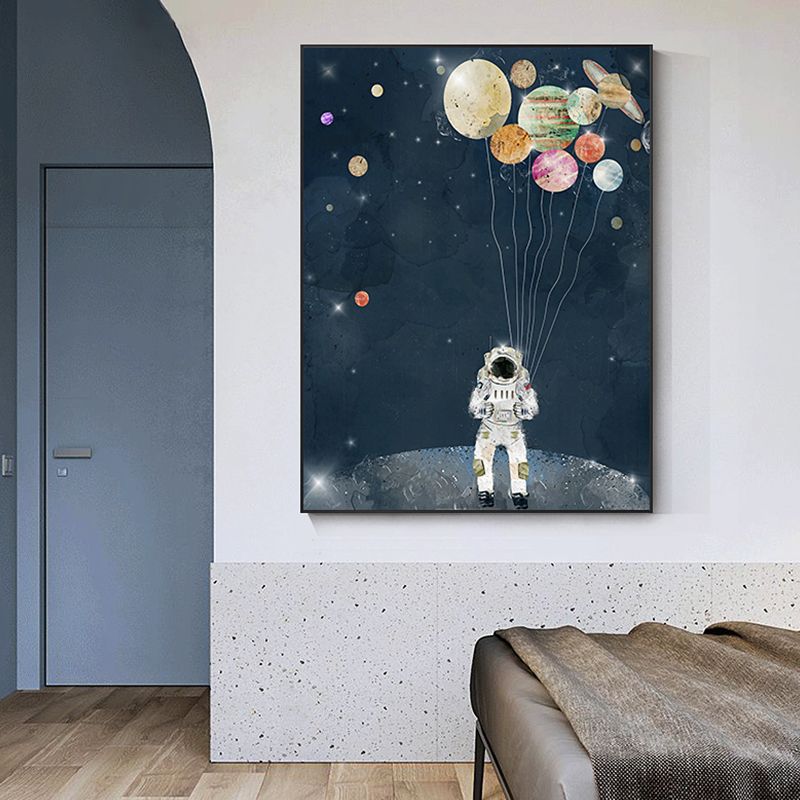 Science Fiction Canvas Print Childrens Art Cool Astronaut Wall Decor in Dark Color