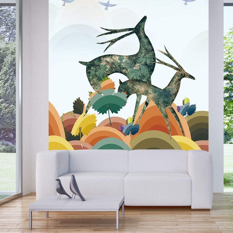 Art Deco Deer Mural Wallpaper for Living Room Customized Wall Covering in Blue-Orange-Yellow