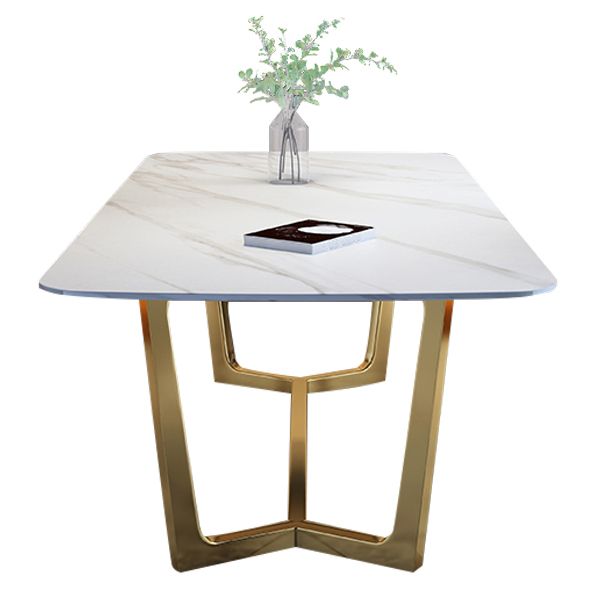 Rectangle Shape Glam Dining Table White Fixed Table with Sintered Stone