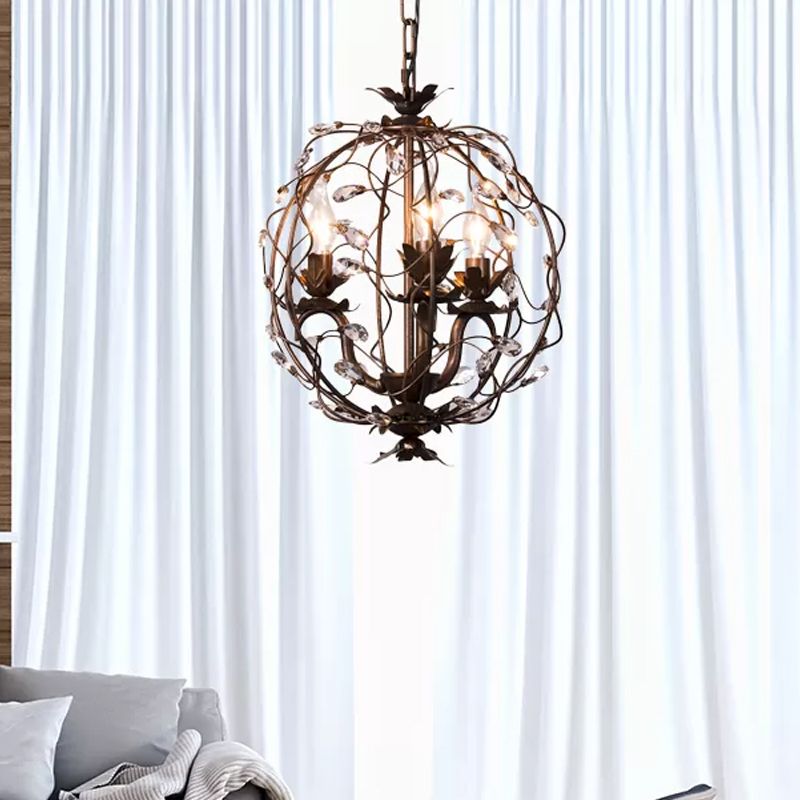 Traditional Globe Hanging Chandelier Metal 3/5 Bulbs Suspension Light in Antique Brass with Crystal Leaf