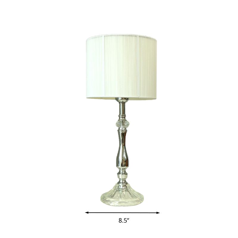 Fabric White Table Lamp Cylinder 1 Light Simple Night Light for Living Room with Crystal Base