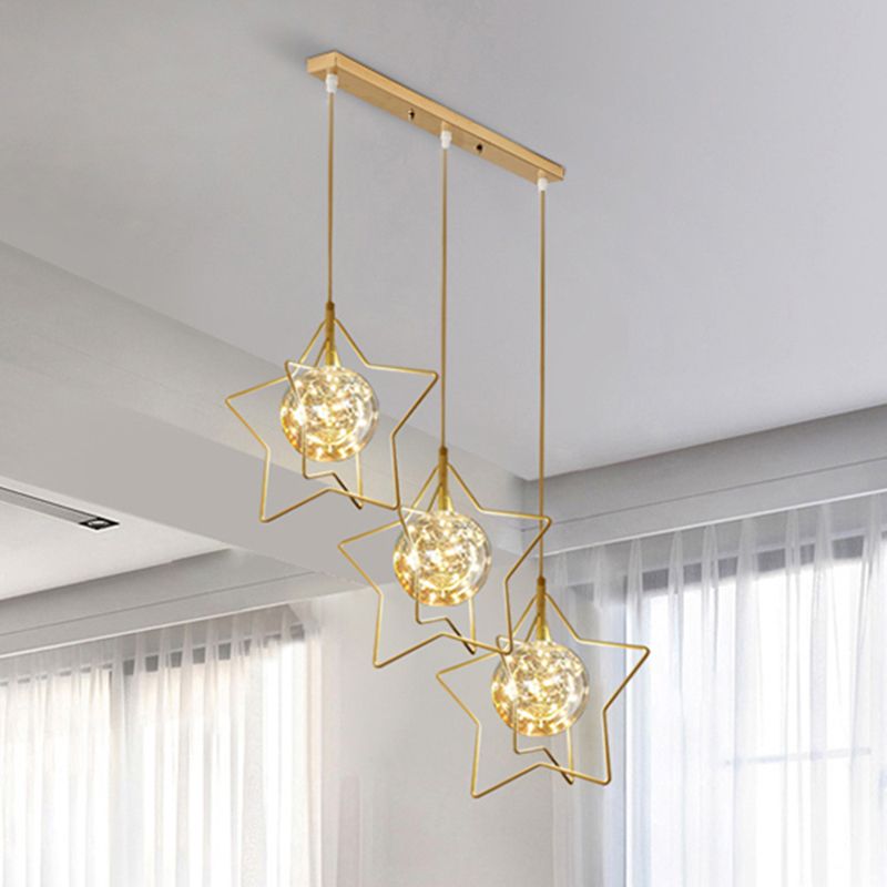 Gold Star and Ball Cluster Custpant Designer 3 teste a LED LED in vetro trasparente per il ristorante