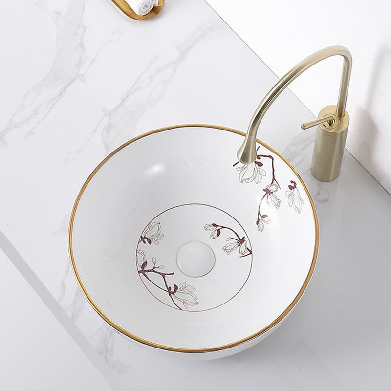 Traditional Vessel Sink Round Porcelain with Faucet Vessel Bathroom Sink