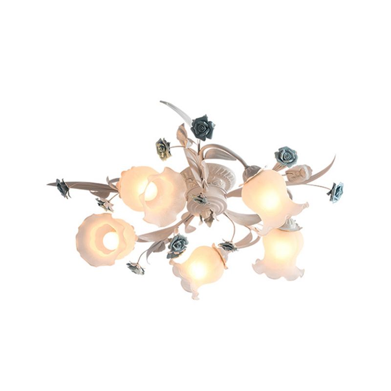 American Garden Flower Semi-Flush Mount 5 Bulbs Frosted White Glass Flush Mounted Light for Living Room