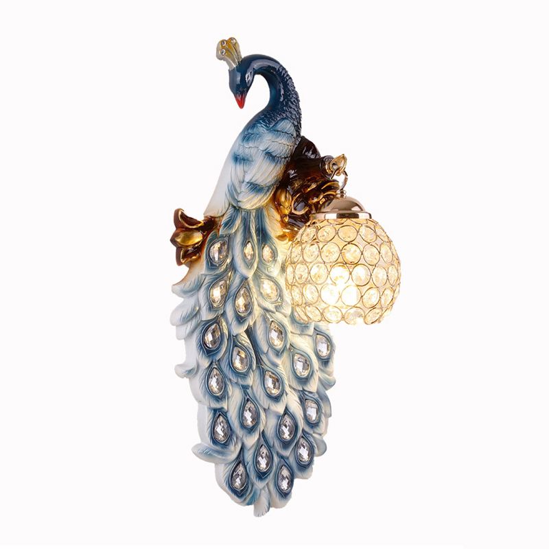 Blue Peacock Sconce Light Fixture Country Resin Single Dining Room Wall Lamp with Crystal Shade