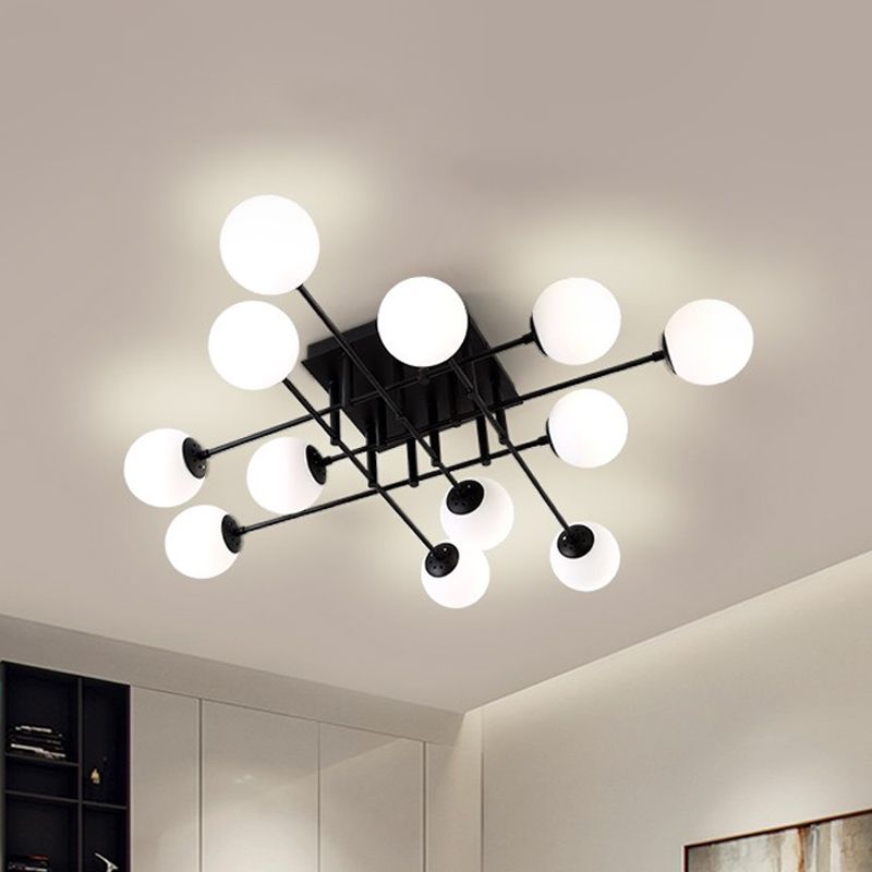 Metal Crossed Lines Semi Flush Ceiling Lighting Nordic 3/8/12 Heads Black Ceiling Flush Mount with Ball Glass Shade for Living Room