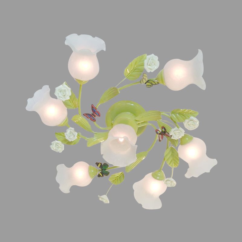 Green 7 Lights Semi Flush Light Pastoral Frosted Glass Floral Ceiling Mount Chandelier for Bedroom