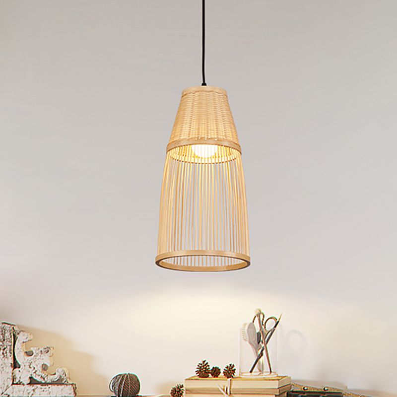 Beige Cone Down Lighting Asia Style 1 Head Bamboo Rattan Pendulum Lamp for Tea Room