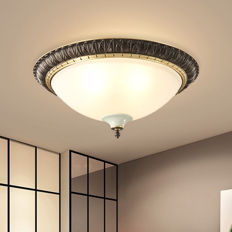 Milk Glass Black Ceiling Lamp Dome Shade 3-Head Traditional Flush Mount with Leaf/Flower Trim