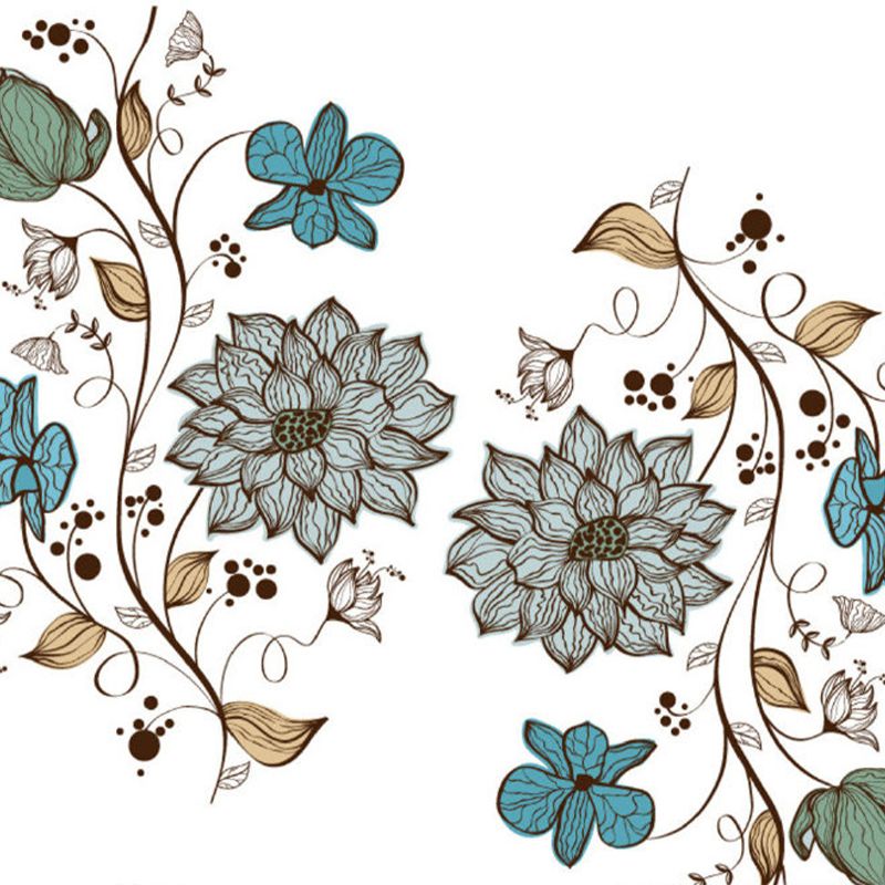 Contemporary Floral Print Mural Decal Blue Dining Room Wall Covering, Personalized