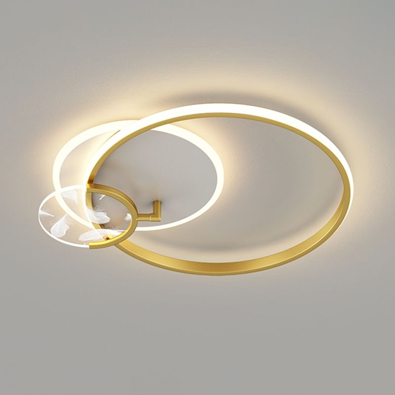 Modern Romantic Feather LED Ceiling Fixture Wrought Iron Geometric Semi Flush Mount for Living Room