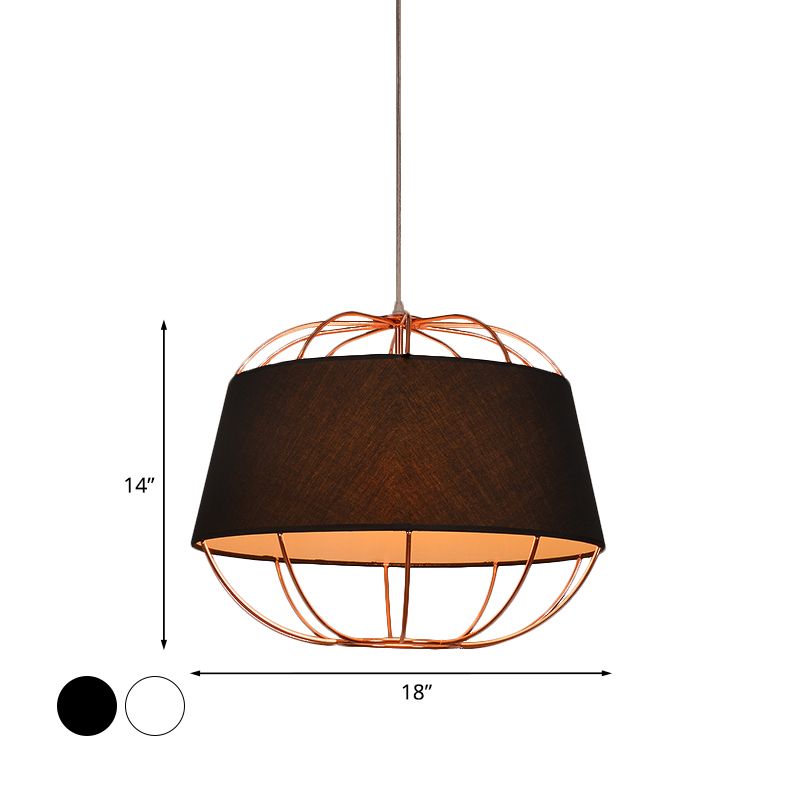 1 Bulb Pendant Light Kit Country Tapered Drum Fabric Hanging Lamp in White/Black with Wire Cage