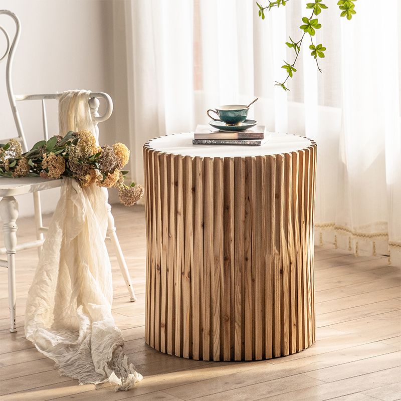 Rustic Drum Side Table Solid Wood Round End Table in Distressed Finish