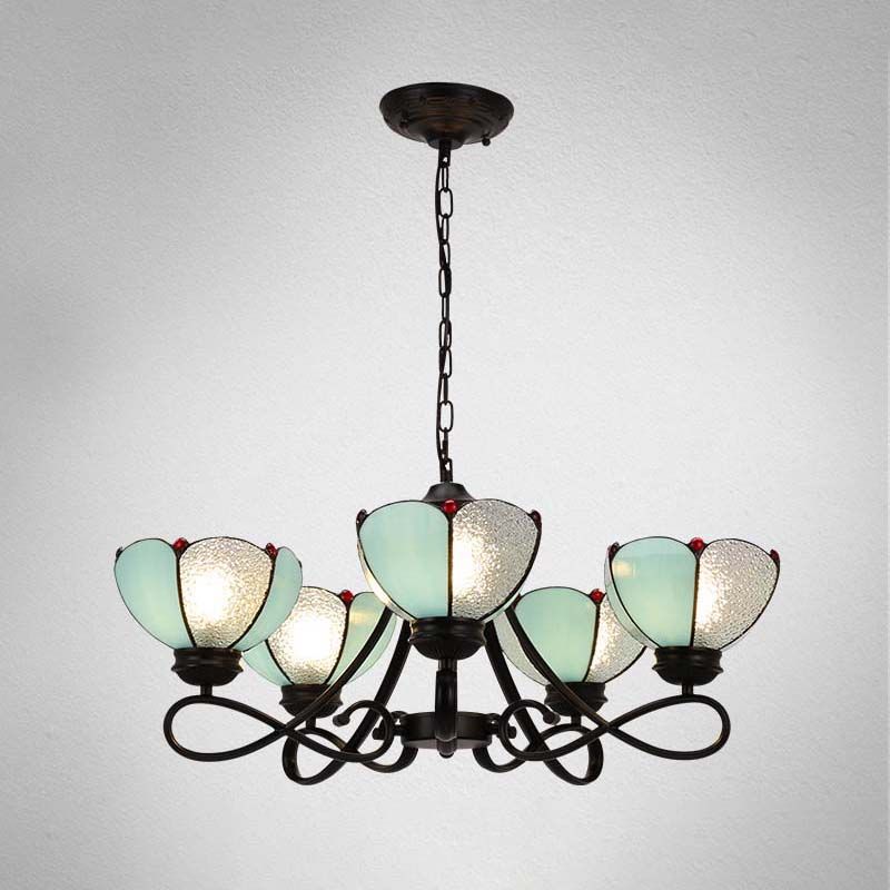 3/5 Lights Scalloped/Cone Hanging Chandelier Baroque White/Yellow/Beige Glass Suspension Lighting for Living Room with Curved Arm