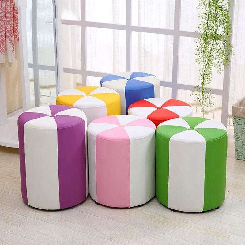 Modern Ottoman Faux Leather Upholstered Stripe Printed Cylinder Shape Ottoman