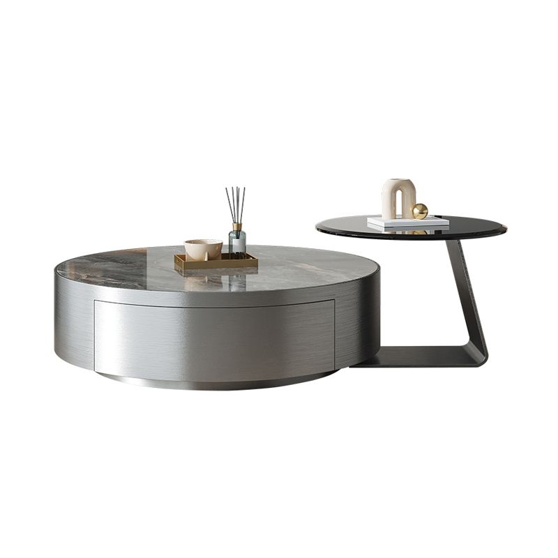 Modern Slate and Glass Top Coffee Table Set Round Drum Cocktail Table