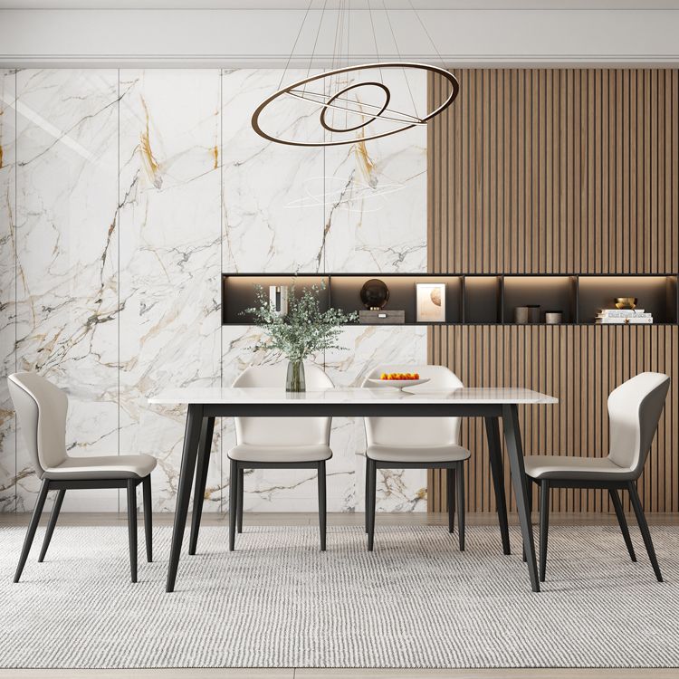Contemporary Style Sintered Stone Dining Table Rectangular 4 Legs Table in White